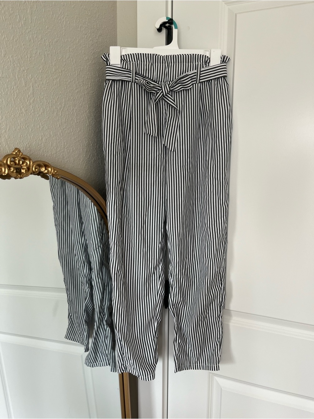 Striped Paperbag Pants With Tie Waist